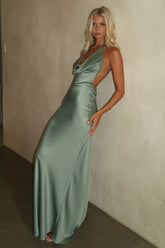 Jessa Plunge Halter Neck Maxi Dress - Olive