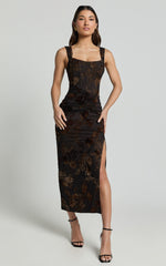 Karlene Midi Dress - Ruched Corset Burnout Dress in Black and Brown