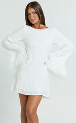 Rowella Mini Dress - Faux Feather Bell Sleeve Dress in White
