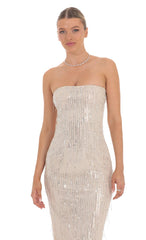 Fringe Sequin Strapless Maxi Dress in Champagne