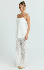 Leah Two Piece Set - Beaded Cami and Wide Leg Lace Pant Set in White