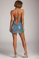 Premium Chainmail Side Frill Mini Dress in Indigo