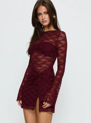 Best You Had Mesh Long Sleeve Mini Dress Burgundy