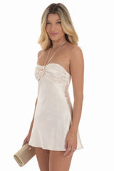 Flower Satin Halter Dress