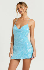 Orla Mini Dress - Cowl Neck Halter Dress in Blue