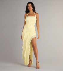 Blake Mesh Halter Slit Ruffle Formal Dress