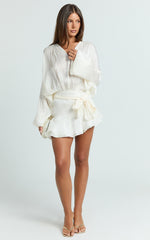 Carmela Mini Dress - Long Sleeve Tie Neck Ruffle Skirt Dress in Off White