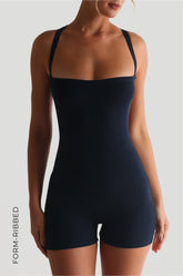Sheveta Form-Ribbed Cross-Back Romper - Navy