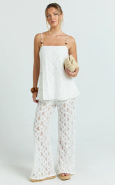 Leah Two Piece Set - Beaded Cami and Wide Leg Lace Pant Set in White
