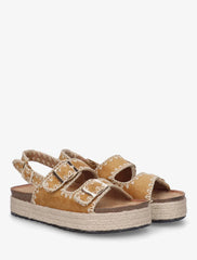 Claquettes a triple brides a plateforme en raphia - Camel