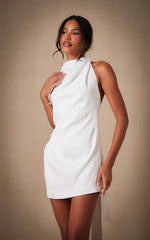 Premium White Woven Tie Halter Neck Dress