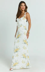 Mabel Maxi Dress - Georgette Frill Sleeve Sweetheart Bias Cut Dress in Antique Florals