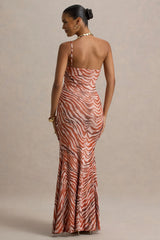 Florica | Zebra Print Mesh Asymmetric Maxi Dress With Split