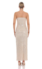 Fringe Sequin Strapless Maxi Dress in Champagne