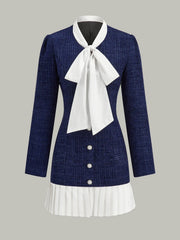 Pleated Hem Bow Neckline Tweed Mini Dress