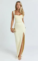 Donna Maxi Dress - Cowl Neck Column High Split Dress in Lemon