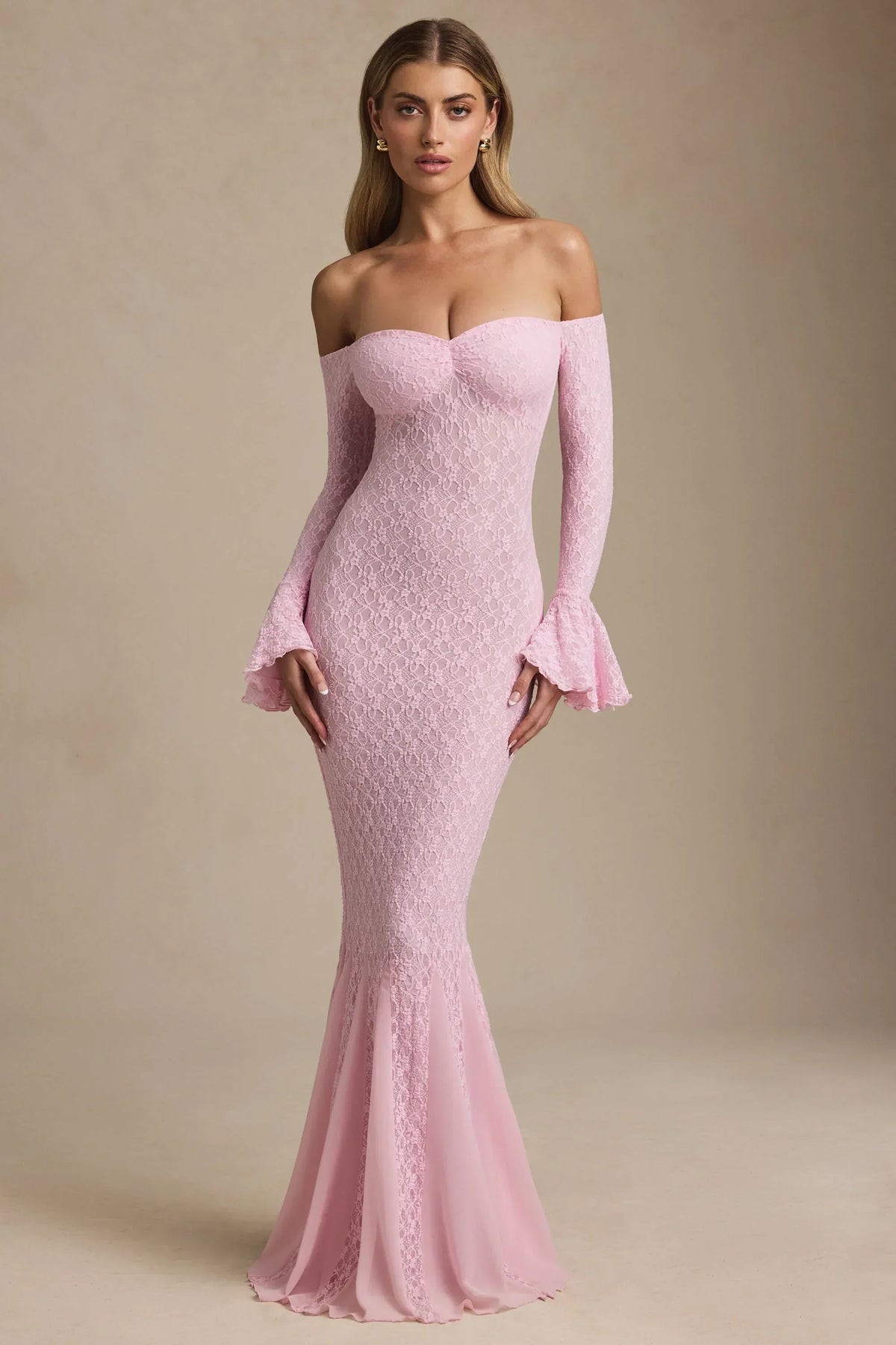 Off-Shoulder Ruffle Lace Maxi Dress in Soft Pink