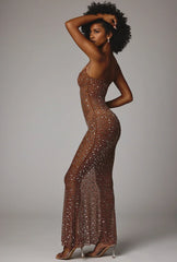 Sheer Embellished Scoop Neck Evening Gown in Mocha