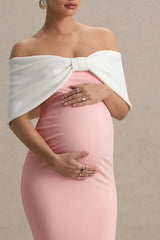 Libra | Pink & White Bow Bardot Maternity Maxi Dress