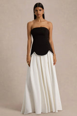 Wendy | Black And White Maxi Dress With Drop-Waist And Pearl Embellishment