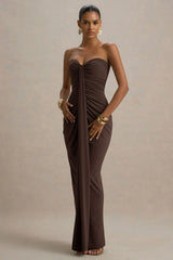Ali | Brown Sweetheart Ruched Wrap Maxi Dress