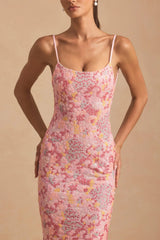 Embellished Scoop-Neck Backless Maxi Dress in Pink
