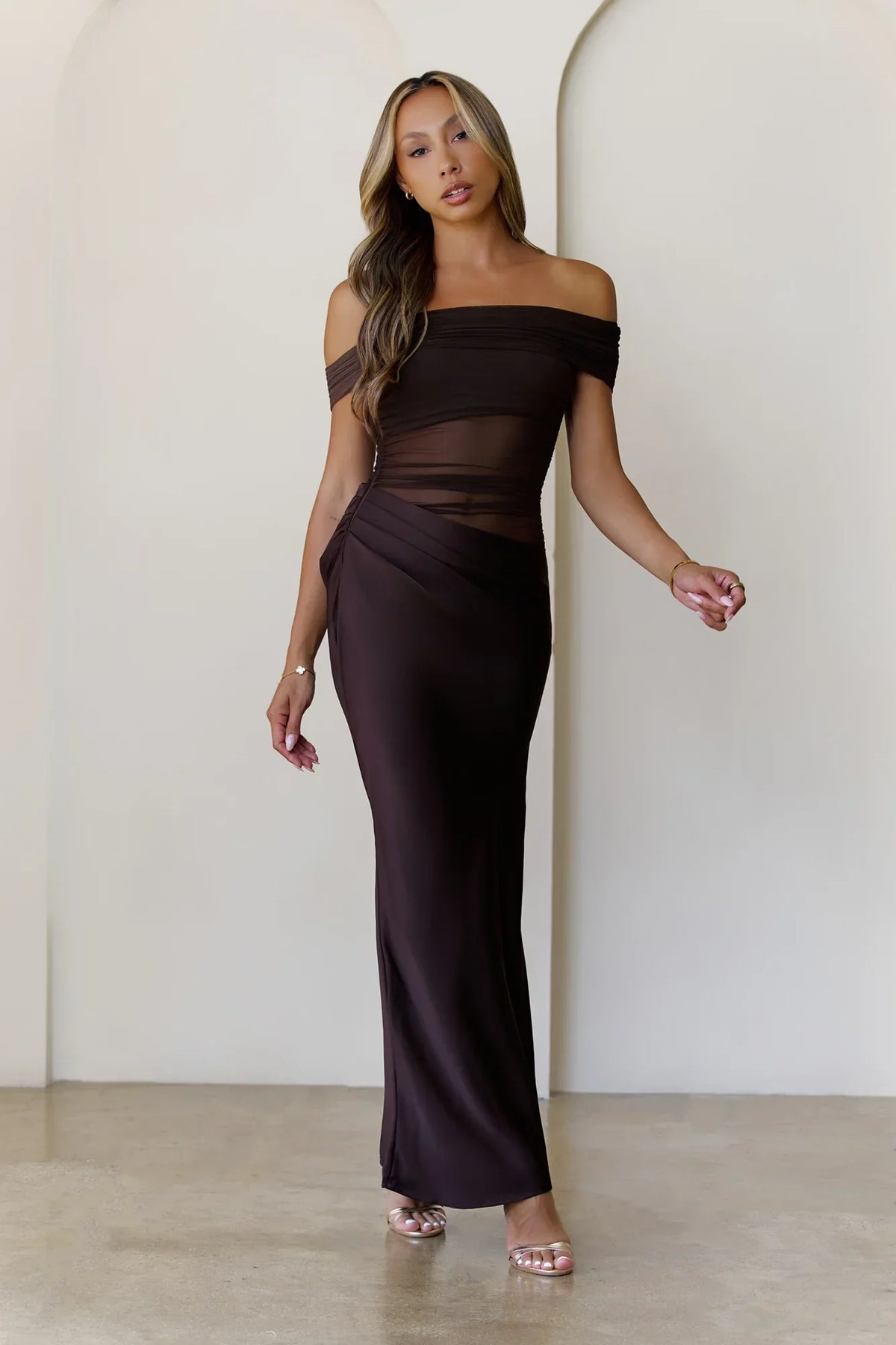 Veiled Whispers Off Shoulder Maxi Dress