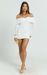 Virginia Mini Dress - Off Shoulder Sheer Sequin Knit Dress in White