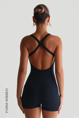 Sheveta Form-Ribbed Cross-Back Romper - Navy