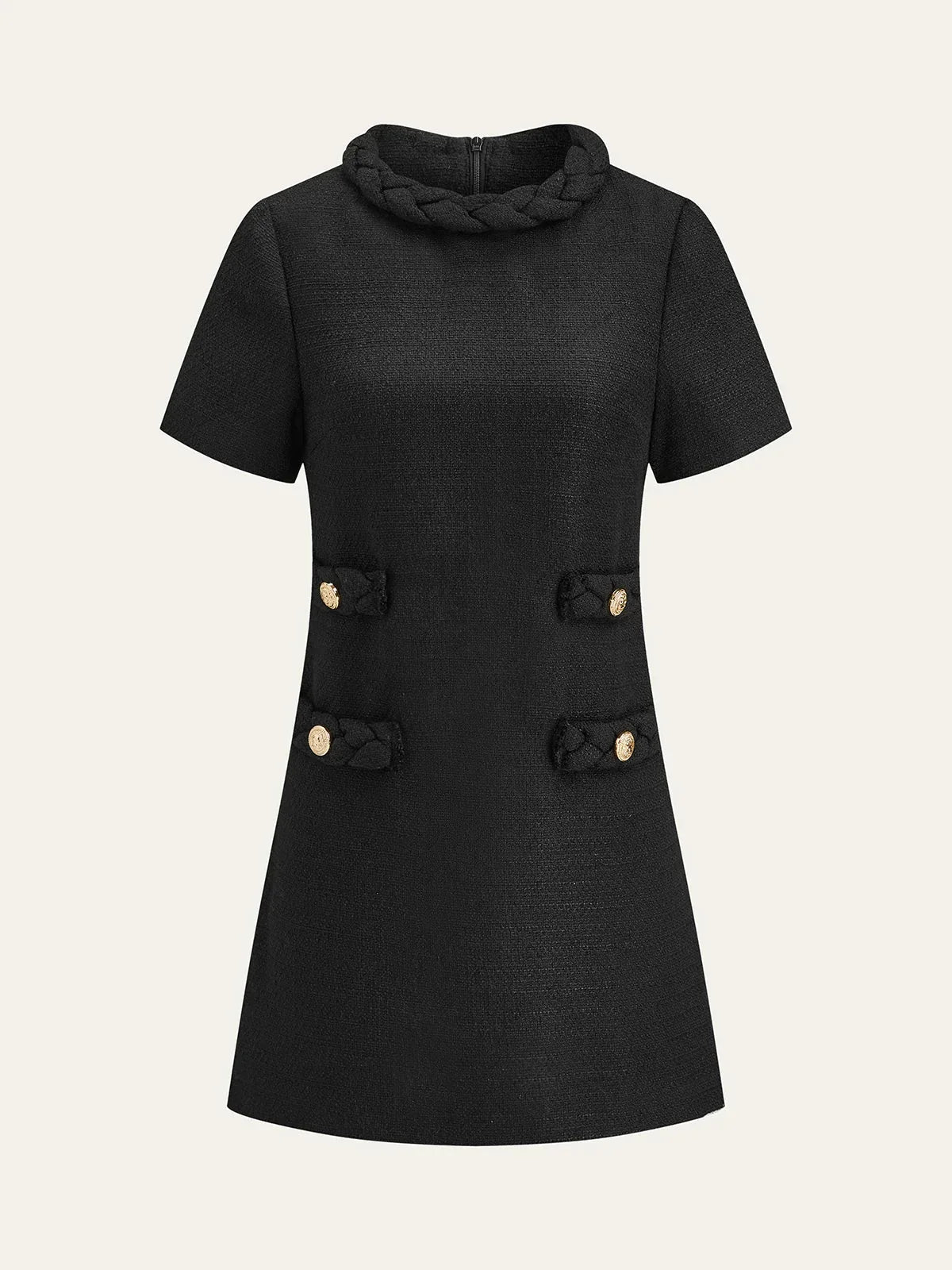 Tweed Braided Rope Collar Short Sleeve Dress