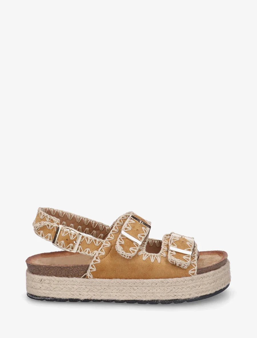 Claquettes a triple brides a plateforme en raphia - Camel
